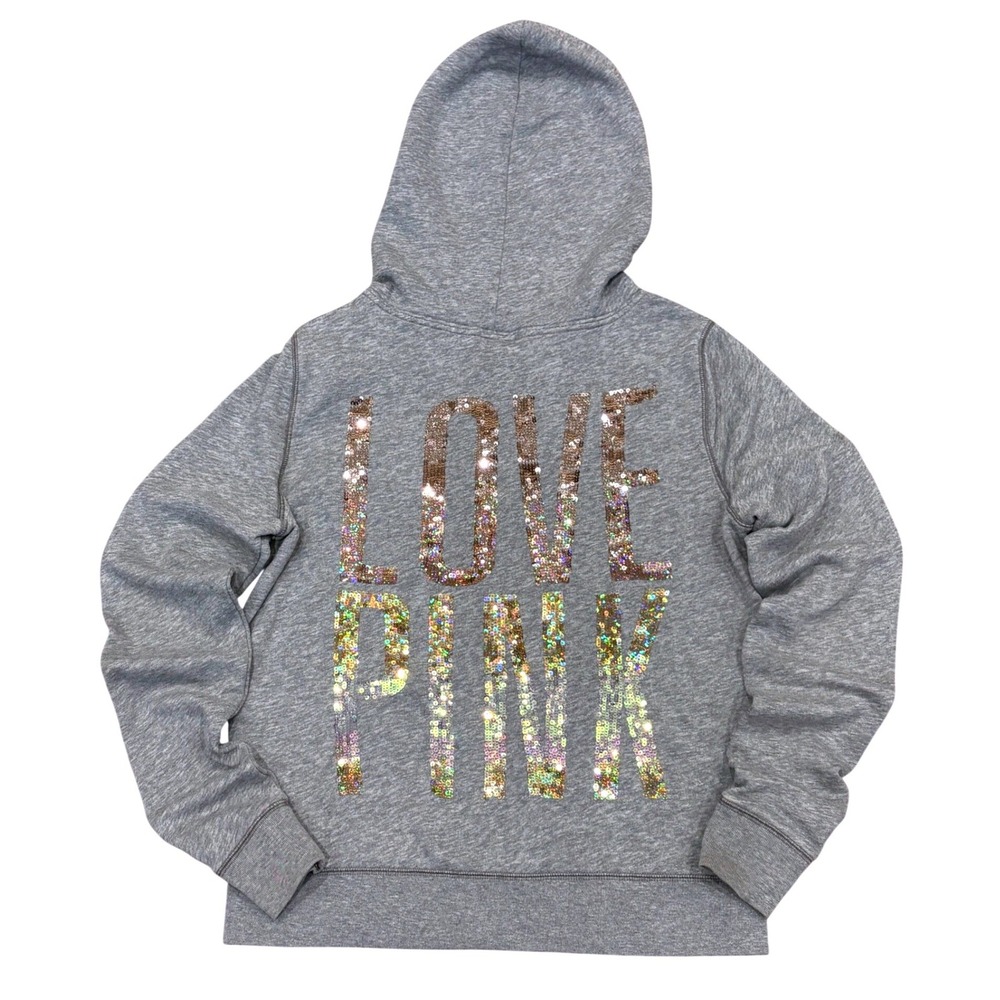 Pink Victoria's Secret Y2K Hoodie Women Medium Gray Sequin Love Pink Full Zip